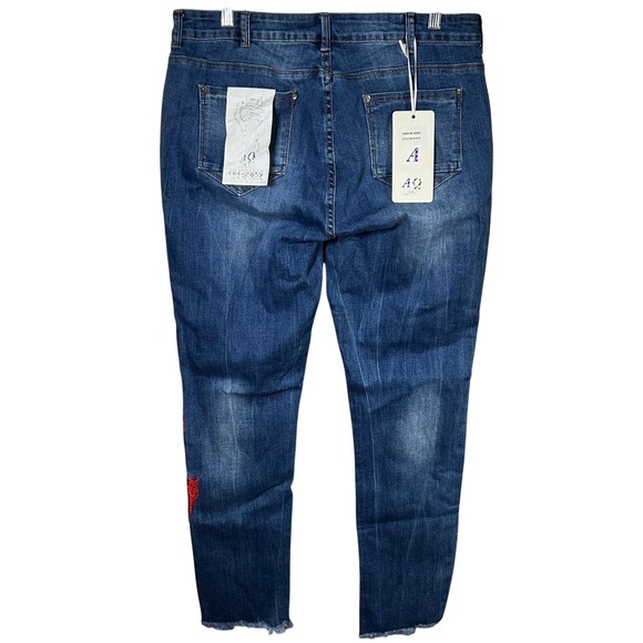 AQ Jeans Women's Size 14 Skinny High Waist Blue Denim Red Leaf Embroidered NWT - Picture 11 of 13